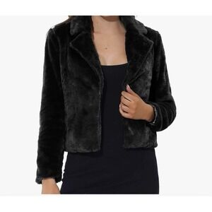 Allegra K Women's Black Faux Fur Cropped Coat Pockets Lined Sz L Fluffy Jacket